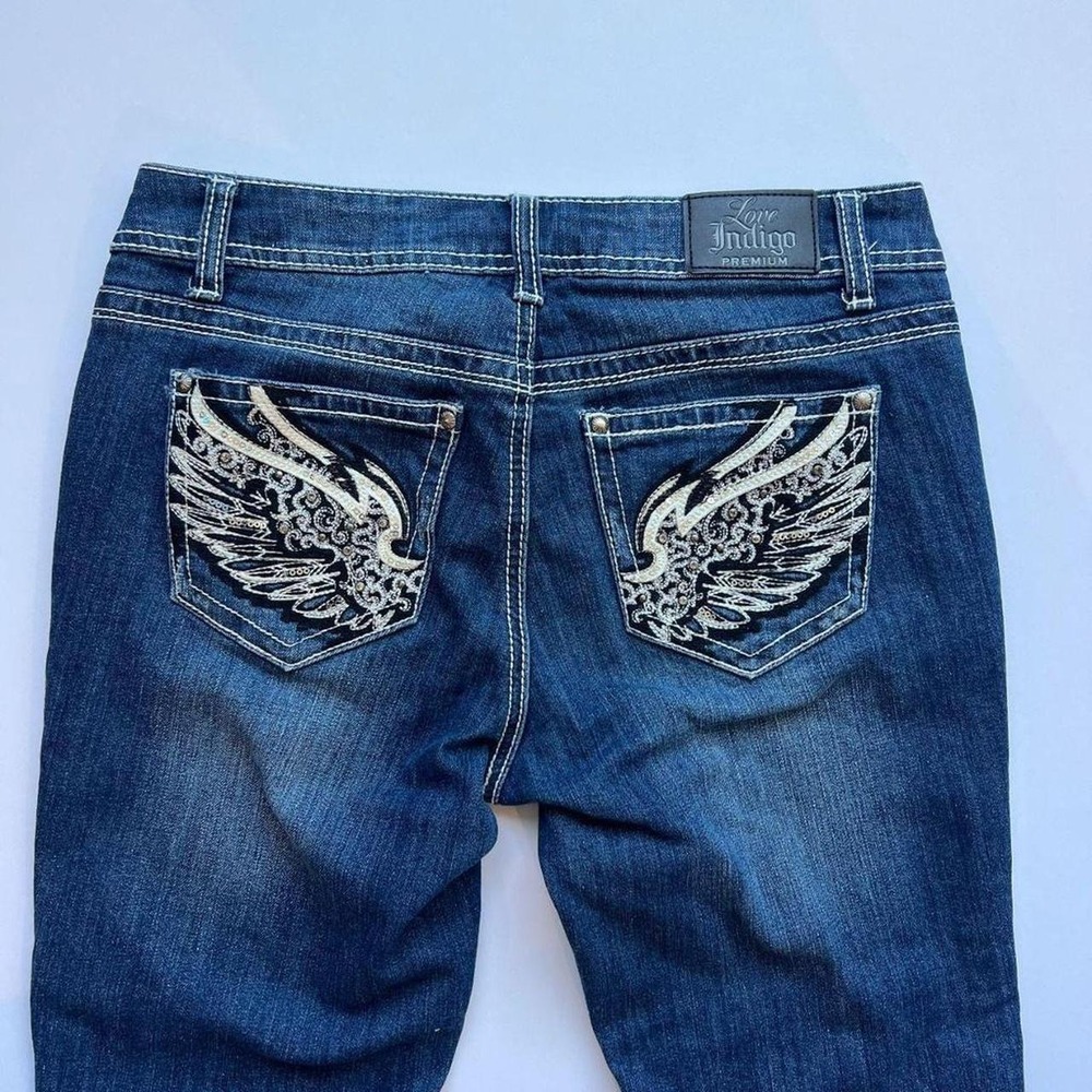 Y2K Love Indigo Low Rise Capris with Angel Wing Embellished Pockets - Picture 6 of 6